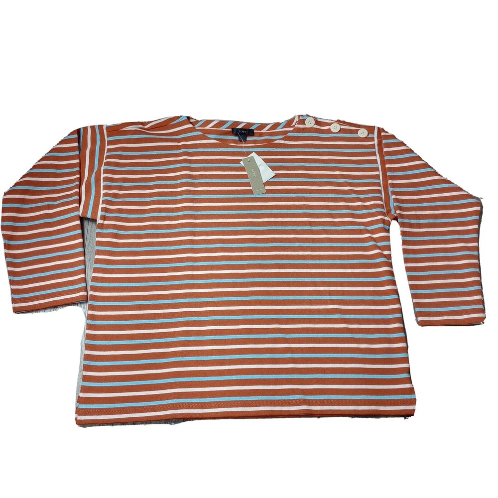 NWT   J Crew Long Sleeve Striped Top Women's Size Large 100% Cotton Orange Blue